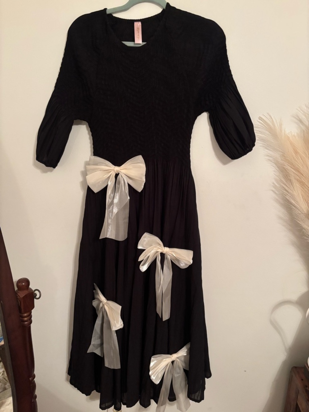 Oh So Modest Black Midi Dress with Ivory Satin Bows